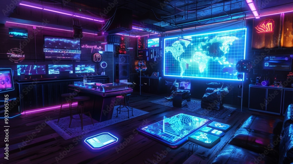 Cyberpunk Interior with Neon Lights and Futuristic Tech. Cyberpunk Interior with Neon Lights and Futuristic Tech.