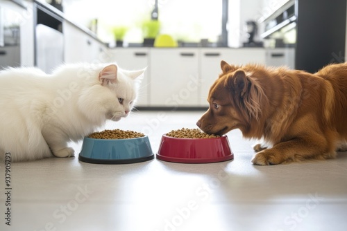 White Cat and Brown Dog Eating from Separate Bowls