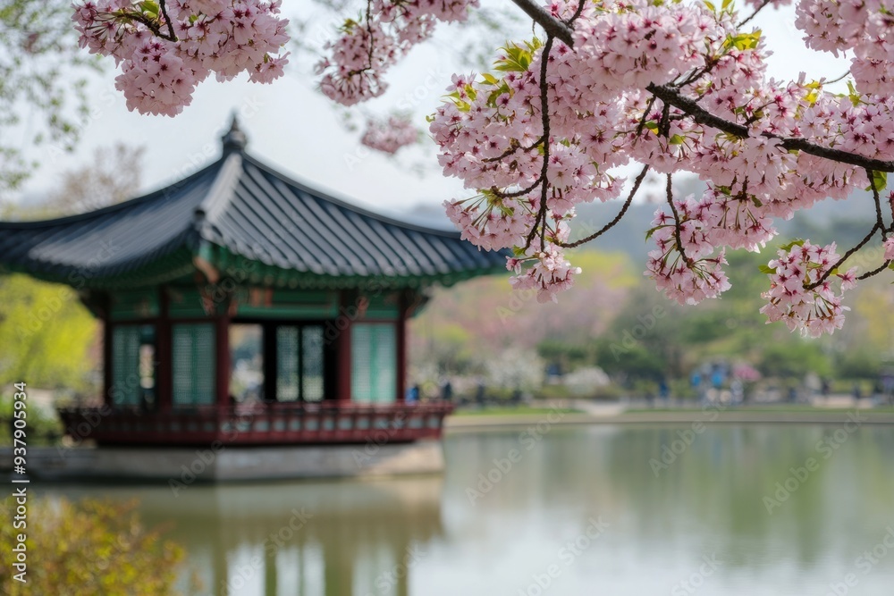 Pink Cherry Blossoms Overhanging a Traditional Asian Pavilion by a Pond Pink Cherry Blossoms Overhanging a Traditional Asian Pavilion by a Pond