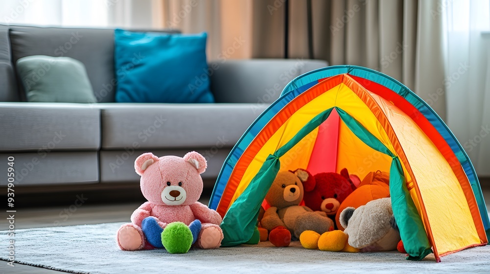 Obraz premium 36. A colorful play tent set up in a living room with various plush toys inside