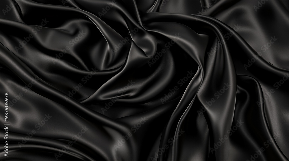 Obraz premium A top view of black satin fabric reveals a dark silk background with elegant folds, showcasing the smooth and luxurious texture of the material. The black satin is ideal for high-end fashion design, o