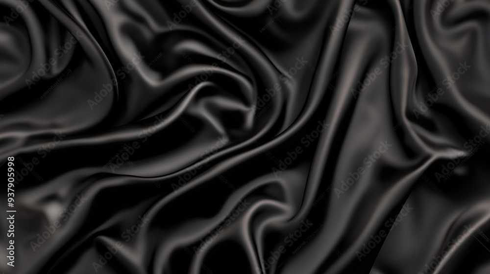 A top view of black satin fabric reveals a dark silk background with elegant folds, showcasing the smooth and luxurious texture of the material. The black satin is ideal for high-end fashion design, o A top view of black satin fabric reveals a dark silk background with elegant folds, showcasing the smooth and luxurious texture of the material. The black satin is ideal for high-end fashion design, o