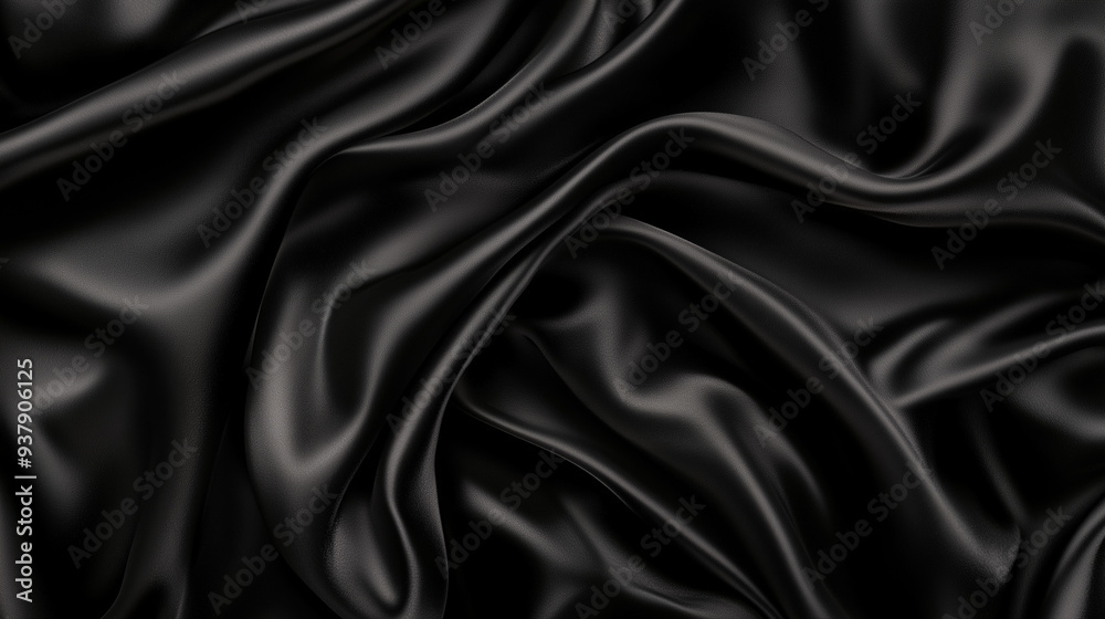 Fototapeta premium A top view of black satin fabric reveals a dark silk background with elegant folds, showcasing the smooth and luxurious texture of the material. The black satin is ideal for high-end fashion design, o