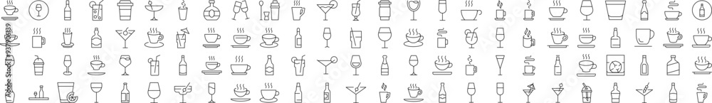 Coffee, Soft Drinks, Alcoholic Beverages Line Icon Pack. Editable Stroke. Minimalistic Linear Pictogram for Design of Cards, Apps, Banners, Posts Coffee, Soft Drinks, Alcoholic Beverages Line Icon Pack. Editable Stroke. Minimalistic Linear Pictogram for Design of Cards, Apps, Banners, Posts