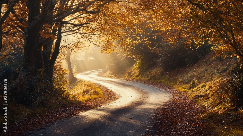 Obraz premium A country road winding through a hilly landscape, with trees on either side in full autumn colors. The road is covered in fallen leaves, and a soft golden light illuminates the scene.
