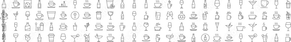 Pack of Line Icons of Coffee, Soft Drinks, Alcoholic Beverages. Editable Stroke. Minimalistic Linear Pictogram for Design of Cards, Apps, Banners, Posts Pack of Line Icons of Coffee, Soft Drinks, Alcoholic Beverages. Editable Stroke. Minimalistic Linear Pictogram for Design of Cards, Apps, Banners, Posts