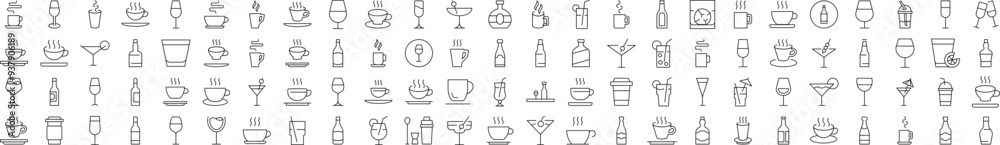 Coffee, Soft Drinks, Alcoholic Beverages Outline Web Line Icons Collection. Editable Stroke. Minimalistic Linear Pictogram for Design of Cards, Apps, Banners, Posts Coffee, Soft Drinks, Alcoholic Beverages Outline Web Line Icons Collection. Editable Stroke. Minimalistic Linear Pictogram for Design of Cards, Apps, Banners, Posts