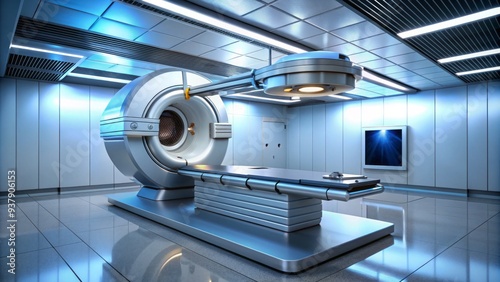 A large, modern linear accelerator radiation therapy machine dominates the scene, its sleek, metallic exterior and advanced components ready to deliver precise cancer treatment.