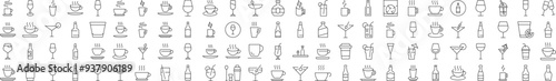 Coffee, Soft Drinks, Alcoholic Beverages Outline Web Line Icons Collection. Editable Stroke. Minimalistic Linear Pictogram for Design of Cards, Apps, Banners, Posts