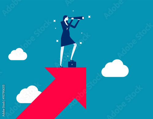 Business opportunity or investment and market prediction. Future growth or career development vision. Businessman climb up rising arrow with big telescope spyglass. Earning forecast concept