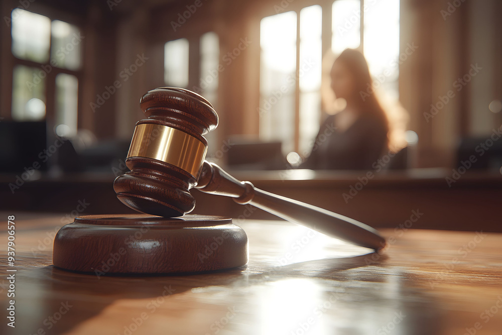 Close-up of a gavel on a table with a blurred, sorrowful defendant woman in the background at a court. A wooden judge's hammer in a tribunal room. Close-up of a gavel on a table with a blurred, sorrowful defendant woman in the background at a court. A wooden judge's hammer in a tribunal room.