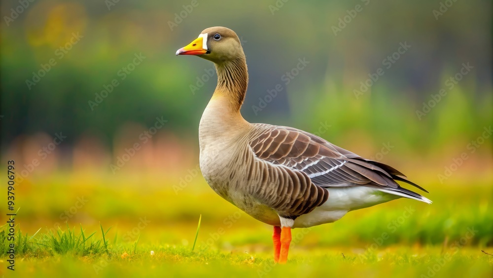 A majestic greater white-fronted goose stands proudly in a lush green meadow, its white forehead patch and orange legs contrasting with its brownish-grey plumage. A majestic greater white-fronted goose stands proudly in a lush green meadow, its white forehead patch and orange legs contrasting with its brownish-grey plumage.