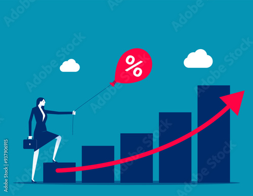 Revenue or salary increase, growth investment profit or earning from stock market. Businessman with balloon on dollar money sign with growth graph and chart. Money or wages growing concept