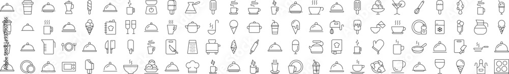 Food, Cooking and Kitchen Line Icon Set. Modern Collection for Design, Web Sites, Apps, Cards. Contains Linear Images of Coffee, Tea, Ice Cream Food, Cooking and Kitchen Line Icon Set. Modern Collection for Design, Web Sites, Apps, Cards. Contains Linear Images of Coffee, Tea, Ice Cream