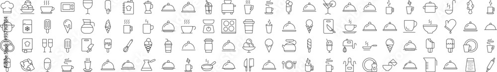 Pack of Food, Cooking and Kitchen Related Line Icons. Editable Stroke for Design, Web Sites, Apps, Cards. Contains Linear Images of Coffee, Tea, Ice Cream Pack of Food, Cooking and Kitchen Related Line Icons. Editable Stroke for Design, Web Sites, Apps, Cards. Contains Linear Images of Coffee, Tea, Ice Cream