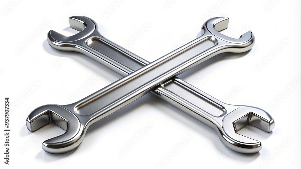 A metallic wrench forms a cross, symbolizing tools, hardware, and DIY projects, with a bold, modern, and sleek design on a white isolated background. A metallic wrench forms a cross, symbolizing tools, hardware, and DIY projects, with a bold, modern, and sleek design on a white isolated background.