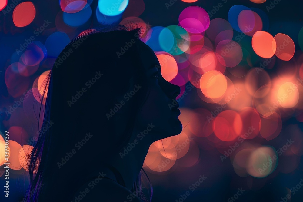 A silhouette of woman watching fireworks at night, back view, creating an atmosphere of celebration A silhouette of woman watching fireworks at night, back view, creating an atmosphere of celebration