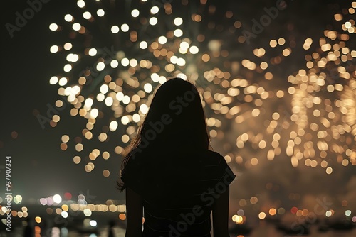 A silhouette of woman watching fireworks at night, back view, creating an atmosphere of celebration