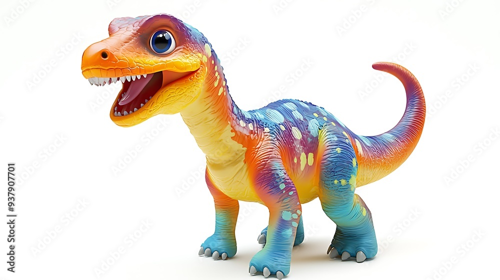 Cute cartoon dinosaur with bright colors, isolated on white background, blending playful imagery with vibrant colors in a fun visual.