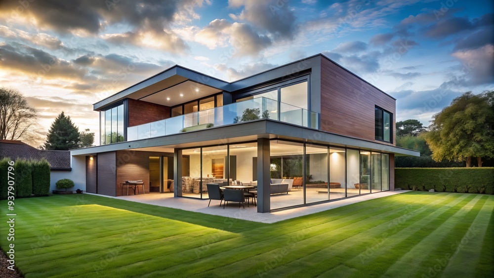 A Modern House With A Newly Constructed Extension, Featuring A Contemporary Glass Facade And Sleek Lines, Surrounded By A Manicured Lawn.