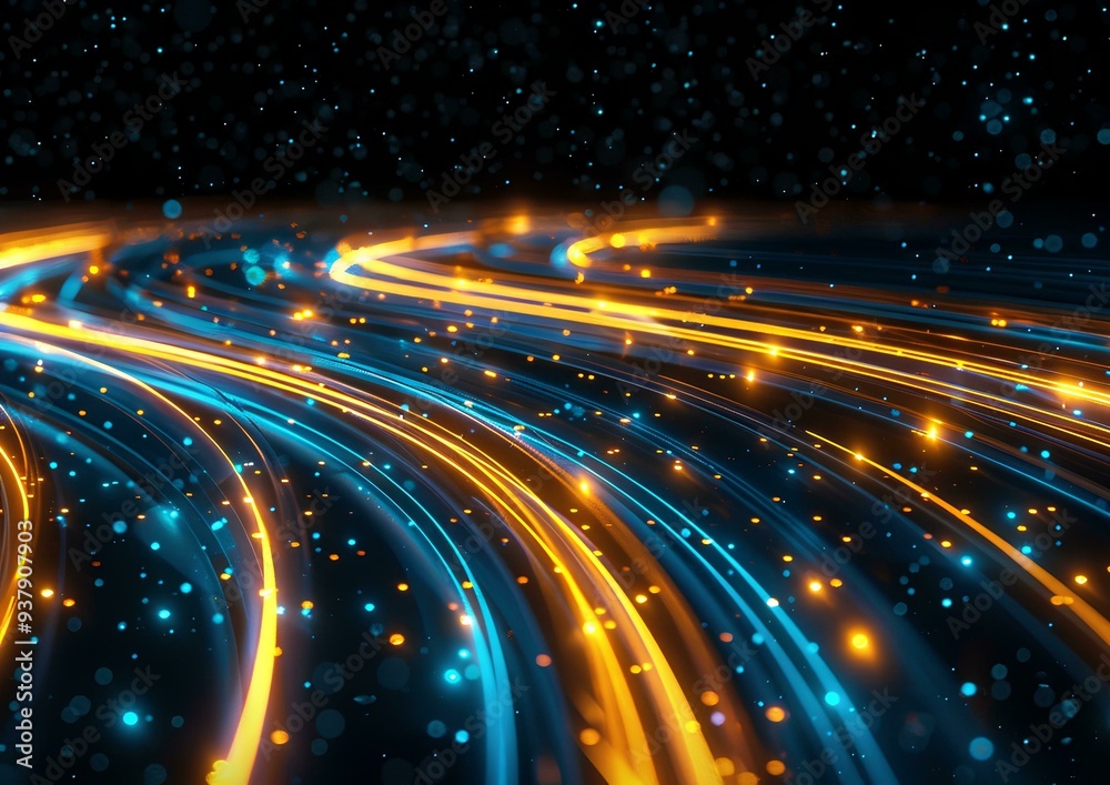 Abstract background with glowing blue and yellow lines in the shape of curved road on black backdrop, digital technology concept, speed or data transfer Abstract background with glowing blue and yellow lines in the shape of curved road on black backdrop, digital technology concept, speed or data transfer