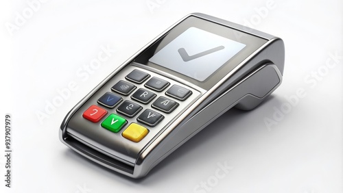 A modern payment terminal displays a flashing approve symbol as a sleek, silver credit card with a contactless payment symbol hovers above it.