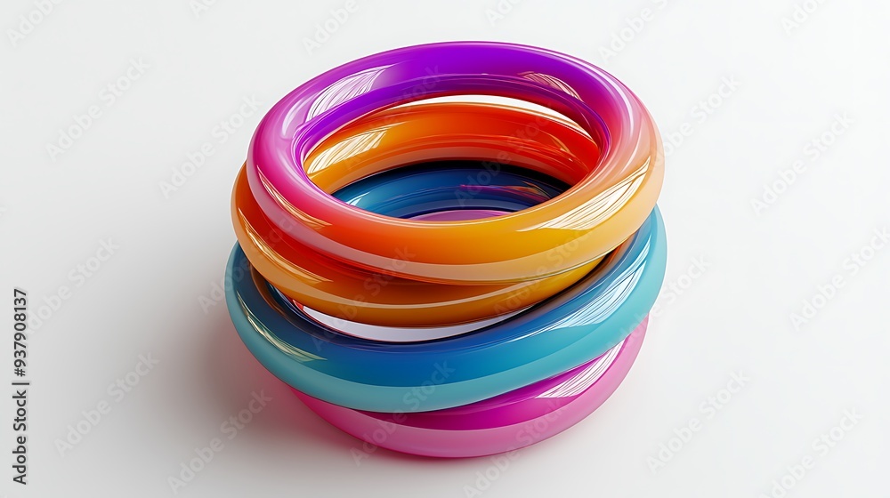 Abstract colorful shiny rings stacked on white background, blending vibrant colors with geometric shapes in a dynamic visual. Abstract colorful shiny rings stacked on white background, blending vibrant colors with geometric shapes in a dynamic visual.