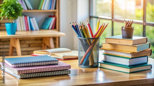 A neatly organized desk with a stack of textbooks, notebooks, and a pencil case, surrounded by scattered papers and a partially completed exam. photo