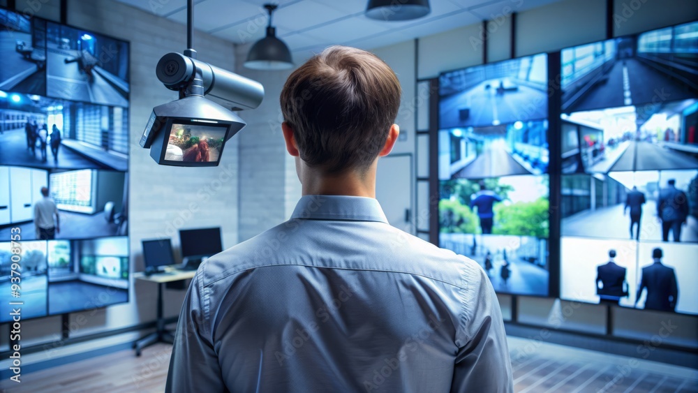 An Image Of A Person'S Back Facing The Camera, With A Security Camera And Monitor In The Background. An Image Of A Person'S Back Facing The Camera, With A Security Camera And Monitor In The Background.