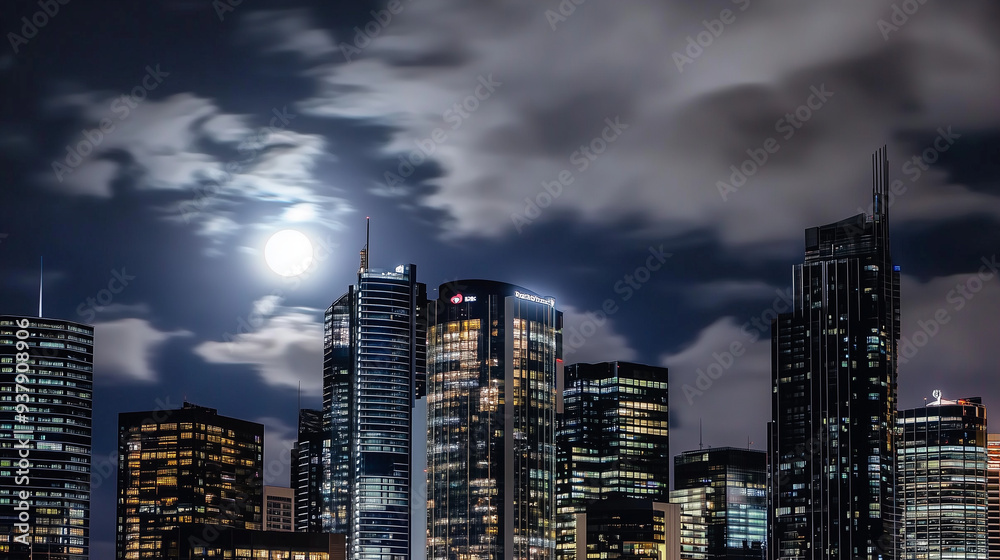 Naklejka premium Bright Full Moon Above Urban Night Skyline with Dramatic Clouds