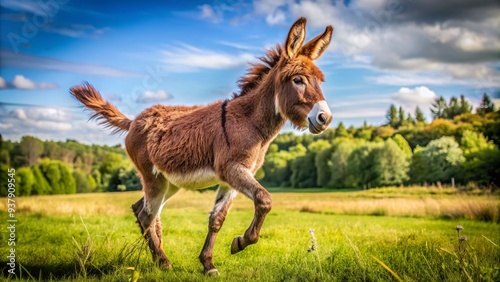A playful brown donkey with a fuzzy mane and ears stands on a sunny meadow, lifting a leg as if preparing to kick in a joyful gesture.