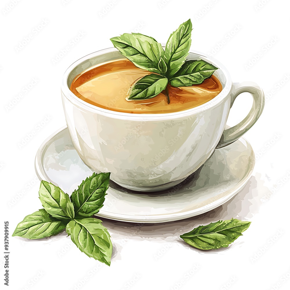 Cup of green tea with mint leaves, blending the refreshing flavors of tea with the vibrant beauty of nature in a simple and clean design. Cup of green tea with mint leaves, blending the refreshing flavors of tea with the vibrant beauty of nature in a simple and clean design.
