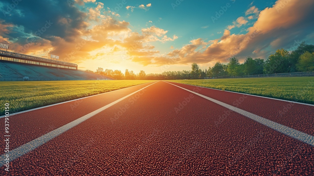 A stunning view of an empty running track illuminated by the warm glow of sunset. .