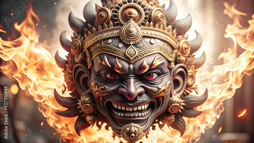 3D Ravana Mask and Flames concept as Abstract vector of Ravanas mask with flames surrounding it isolated on a white background symbolizing the fiery nature of the villain in the Dussehra festival with