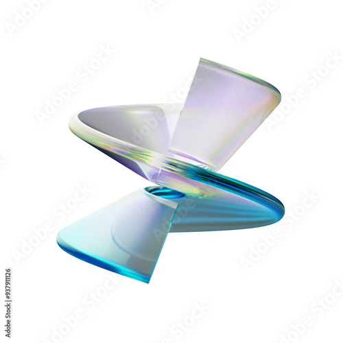 Fototapeta Naklejka Na Ścianę i Meble -  3d glass flying glass product holographic effect isolated on dark background. Render transparent glass cosmetic or award pedestal, disk stage with iridescent gradient 