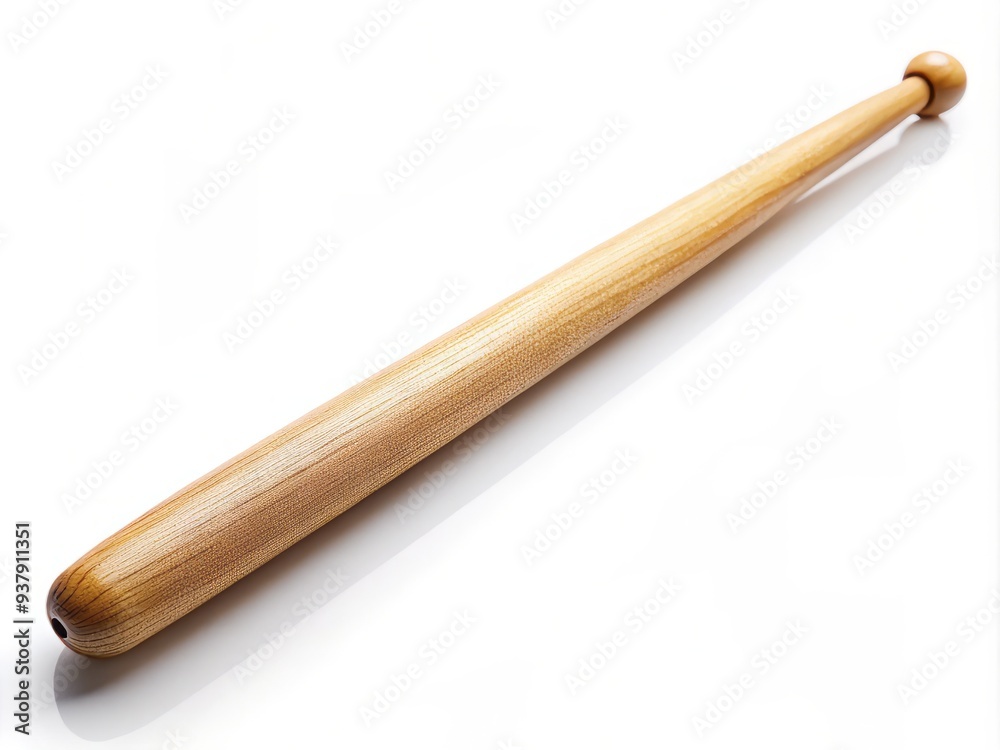 A single wooden drumstick lies horizontally isolated on a pure white background, its tapered shape and rounded tip inviting rhythmic creativity and musical expression. A single wooden drumstick lies horizontally isolated on a pure white background, its tapered shape and rounded tip inviting rhythmic creativity and musical expression.