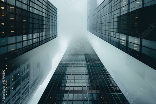 Foggy day in New York City, skyscrapers with glass facades, cloudy sky, gray color scheme, skyscraper architecture