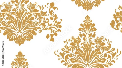 seamless pattern, Elegant golden damask pattern on a white background, perfect for various design projects and artistic inspirations.