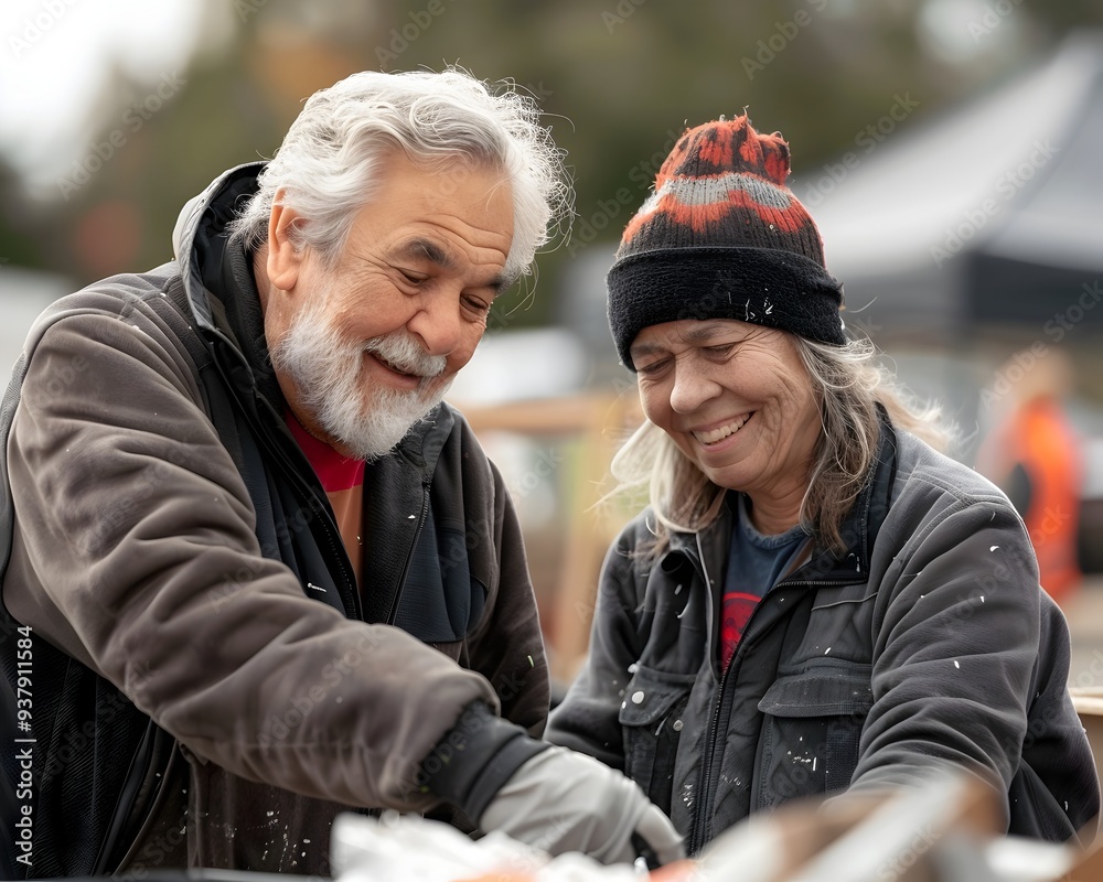 Fototapeta premium Elderly Couple Volunteering at Community Event Helping Others with Smiles and Engaged Gestures