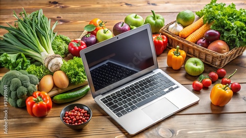 A sleek laptop sits atop a wooden desk surrounded by vibrant, fresh fruits and vegetables, promoting a healthy vegan lifestyle in the digital age. photo