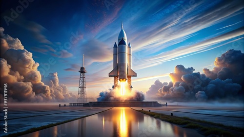 A sleek, white rocket stands tall on a launchpad at dawn, illuminated by spotlights, with fog swirling around its base and a bright blue sky above. photo