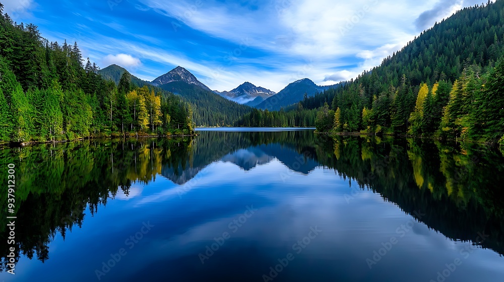 Majestic Mountain Reflection mirrored perfectly in the still, glass-like surface of a calm lake Majestic Mountain Reflection mirrored perfectly in the still, glass-like surface of a calm lake
