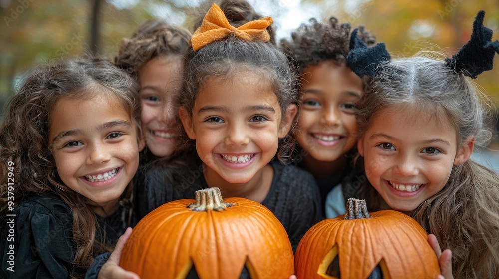 Group of Happy Children in Halloween Costumes with Pumpkins Outdoors Group of Happy Children in Halloween Costumes with Pumpkins Outdoors