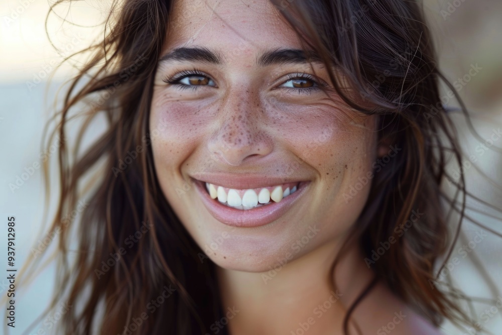 Close-up portrait of a woman with freckles, ideal for beauty or lifestyle concepts Close-up portrait of a woman with freckles, ideal for beauty or lifestyle concepts