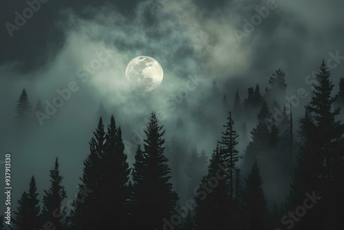 The full moon shone through dark clouds, silhouetting pine trees, in a foggy atmosphere with soft light and an overcast sky forming a forest background for an evening of tranquil mood