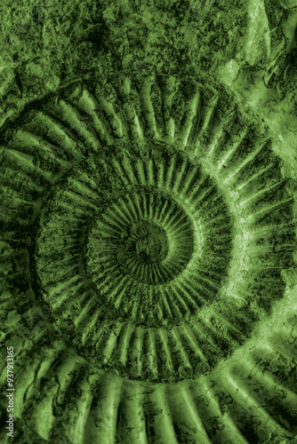 Ammonite fossil background backdrop set in rock. Prehistoric sea creature with green colour toning photo