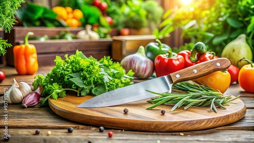 A stainless steel knife lies on a wooden cutting board surrounded by chopped fresh herbs and vegetables, against a blurred kitchen countertop background. photo