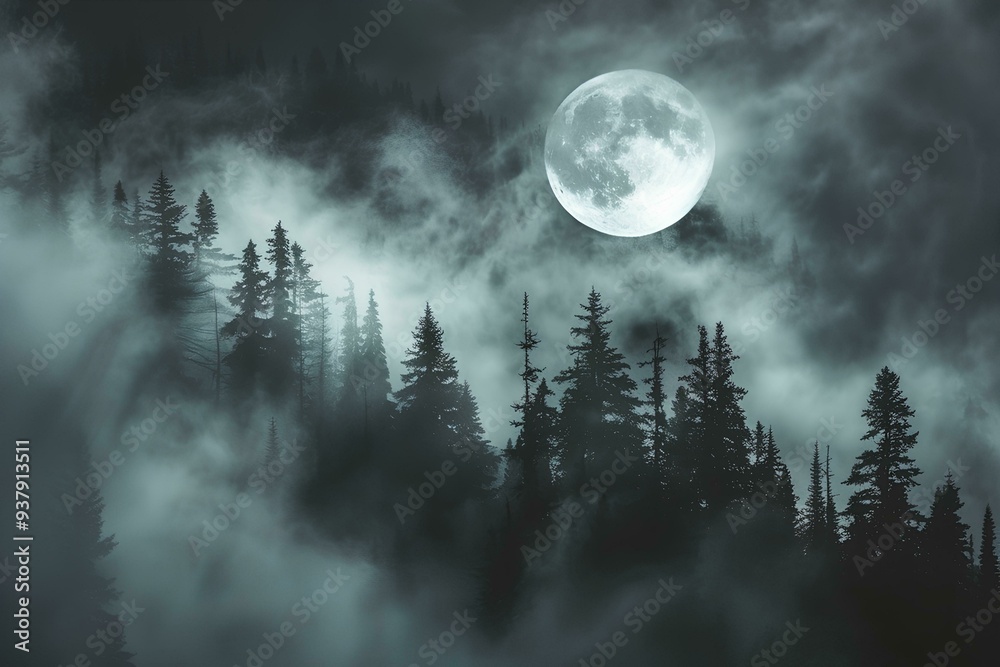 The full moon shone through dark clouds, silhouetting pine trees, in a foggy atmosphere with soft light and an overcast sky forming a forest background for an evening of tranquil mood The full moon shone through dark clouds, silhouetting pine trees, in a foggy atmosphere with soft light and an overcast sky forming a forest background for an evening of tranquil mood