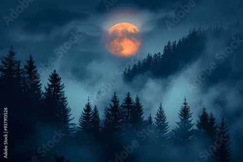 The full moon shone through dark clouds, silhouetting pine trees, in a foggy atmosphere with soft light and an overcast sky forming a forest background for an evening of tranquil mood photo