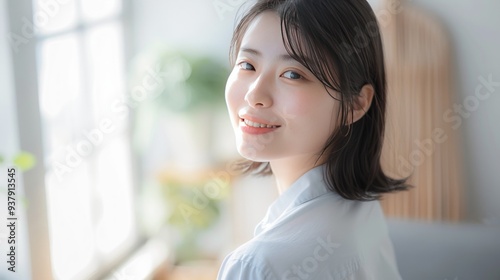 Happy young woman with short hair and casual attire standing indoors with natural light, plants in the background. Free Download Happy young woman with short hair and casual attire standing indoors with natural light, plants in the background. - GFXLoad